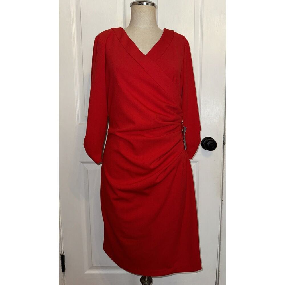 NEW Tahari ASL‎ Dress Ruby Red Gold Button Size 8 V Neck Solid Midi 3/4 Sleeve